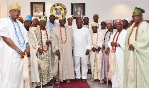 Lagos State Governor, Mr. Akinwunmi Ambode (middle), in a group photograph with the Council of Obas & Chiefs in the State during a courtesy visit to the Governor at the Lagos House, Ikeja on Thursday, March 10, 2016.