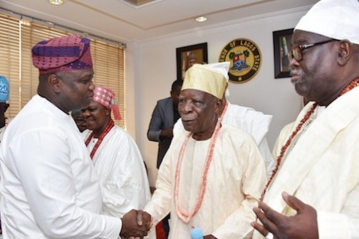 Lagos State Governor, Mr. Akinwunmi Ambode (left), exchanging pleasantries with Oba Oniru of Iruland, Oba Abiodun Idowu Oniru (2nd right) while Oba of Ketu, Oba Isiaka Adio Balogun (2nd left) and Ojoni of Lagos, Chief Nurudeen Olubiyi Agoro (right) watch with admiration, during a courtesy visit by the Council of Obas and Chiefs in the State, at the Lagos House, Ikeja on Thursday, March 10, 2016