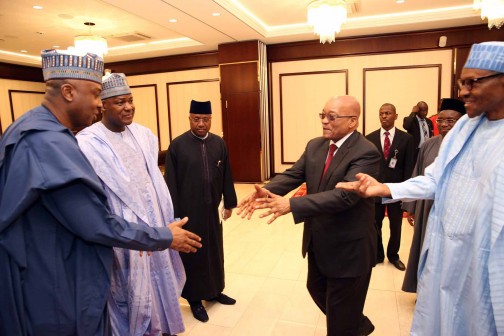 R-L; President Muhammadu Buhari, President of Soth Africa, Mr Jacob Zuma, Adamawa State Governor, Alhaji Jubrilla Bindow, Speaker Rt Hon Yakubu Dogara and President of the Senate, Dr Bukola Saraki during a dinner for the visiting President Zuma at the State House in Abuja. PHOTO; SUNDAY AGHAEZE. MARCH 8 2016