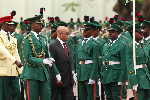  President Republic of South Africa, Mr Jacob Zuma inspecting the Guard of Honour parade on arrival at the State House in Abuja. PHOTO; SUNDAY AGHAEZE. MARCH 8 2016.