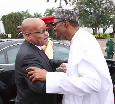 President Muhammadu Buhari receives the President Republic of South Africa, Mr Jacob Zuma on arrival at the State House in Abuja. PHOTO; SUNDAY AGHAEZE. MARCH 8 2016.