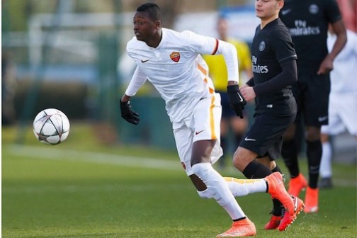 Umar Sadiq, in the white shirt of Roma, is a powerful young striker