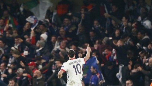 Zlatan Ibrahimovic celebrates after scoring PSG's second of the night