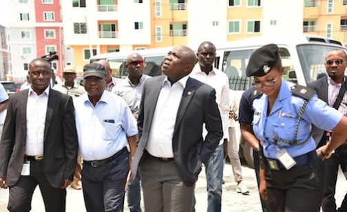 R-L: Lagos State Governor, Mr. Akinwunmi Ambode (2nd right); Divisional Police Officer, Ilasan Police Station, Mrs. Onyinye Onwuanaegbu and Commissioner for Works & Infrastructure, Engr. Ganiyu Johnson during the Governor’s inspection of the site of the collapsed building in Lekki Gardens at Ikusenla Road, Ikate Elegushi, Lagos, on Tuesday, March 15, 2016