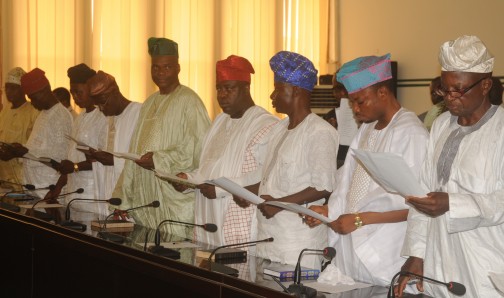 Cross section of the newly sworn in local government caretaker  chairmen in Oyo State