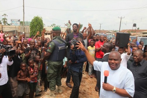 Rivers State Governor, Nyesom Wike addressing the people of Etche on Tuesday  after inspecting ongoing work on the Igwuruta-Chokocho-Etche road