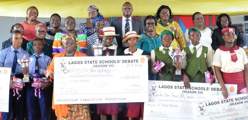 Lagos Deputy Governor Dr Idiat Oluranti Adebule, presenting cheques to the winners of the 2016 Lagos state schools debate competition held at the blue roof, Lagos television, Agidingbi, ikeja on Thursday March 10, 2016. with them are Tutor Generals/Permanent Secretaries of the five Lagos educational districts and other stakeholders in the education sector.