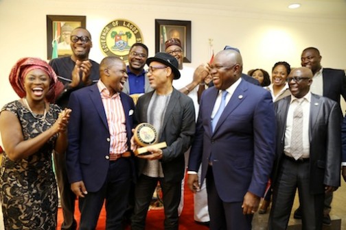 L-R: Lagos State Governor, Mr. Akinwunmi Ambode (2nd right); Nigerian Artiste, Yinka Davies; Brand Strategist, Runway Jazz, Mr. Ajani Sandridge; Grammy Award Winner, Mr. Kirk Whalum and Permanent secretary, Ministry of Information & Strategy, Mr. Fola Adeyemi during a courtesy visit to the Governor by Groups collaborating with the Government on the forthcoming Lagos International Jazz Festival to commemorate the International Jazz Day, at the Lagos House, Ikeja, on Wednesday, April 27, 2016