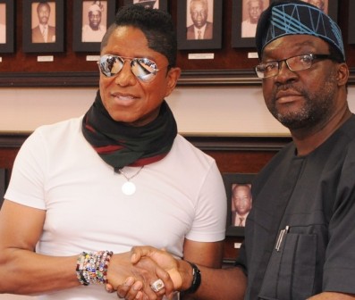 Commissioner for Information & Strategy, Mr. Steve Ayorinde (right); with Jermaine Jackson of the defunct Jackson 5 during Jackson’s visit to the Lagos State Government, at the Secretariat, Alausa, Ikeja, on Friday, April 29, 2016