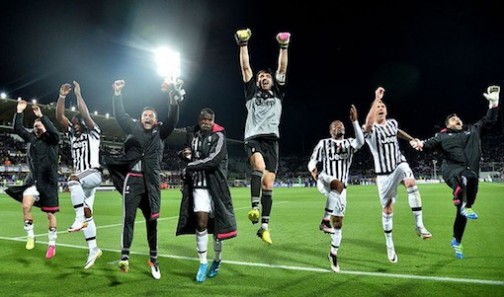 Juventus players celebrate their fifth Scudetto in a row