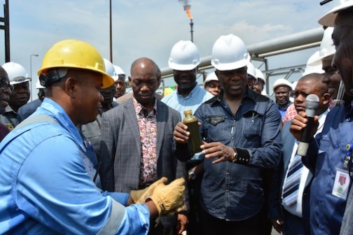 The Minister of State for Petroleum Resources and Group Managing Director of the Nigerian National Petroleum Corporation, Dr. Ibe Kachikwu recommissioning the Bonny-Port Harcourt Refinery crude supply pipeline at PHRC over the weekend