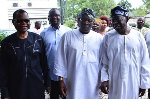 National Leader, All Progressives Congress (APC), Asiwaju Bola Tinubu; former Governor of Ogun State, Aremo Olusegun Osoba and National Vice Chairman, South-West, APC, Chief Pius Akinyelure after the meeting of the South West APC Leaders at Aremo’s residence in Bourdillon, Ikoyi, Lagos, on Sunday, April 03, 2016