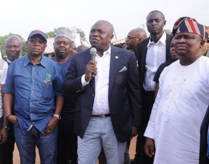 Lagos State Governor, Akinwunmi Ambode (middle), Commissioner for Transportation, Dr. Dayo Mobereola (left) and Senator Olamilekan Adeola during the Governor’s inspection of the ongoing construction of Ajasa-Command Road in Agbado/Oke Odo LCDA, Lagos, on Tuesday, April 12, 2016