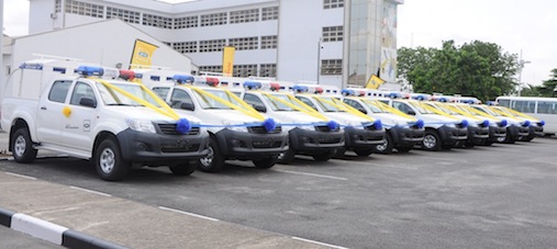 The 10 patrol vehicles donated to the Lagos State Government by MTN Foundation at the Lagos House, Ikeja, on Thursday, April 14, 2016.