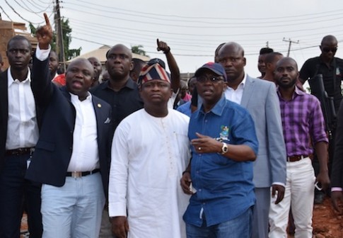 L-R: Lagos State Governor, Akinwunmi Ambode; with Senator Olamilekan Adeola and Commissioner for Transportation, Dr. Dayo Mobereola during the Governor’s inspection of the ongoing construction of Aboru-Abesan Link Road in Agbado/Oke Odo LCDA, Lagos, on Tuesday, April 12, 2016