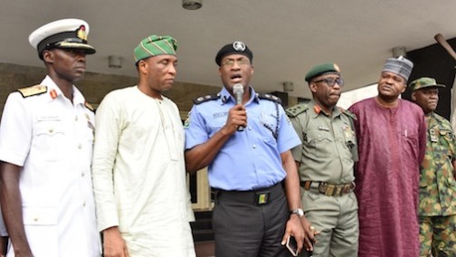 Commissioner of Police, Mr. Fatai Owoseni; (3rd left), addressing the Government House Correspondents shortly after the State Security Council meeting presided over by Governor Ambode, at the Lagos House, Ikeja, at the weekend. (L-R) With him are Commander, Nigeria Navy Ship Beecroft, Apapa, Navy Commodore Abraham Adaji; Secretary to the State Government, Mr. Tunji Bello; Commanding Officer, 9 Mechanized Brigade, Brigadier General Bulama Biu; Director, Department of State Security Service, Mr. Adekunle Ajanuku and Commander, Air Force Base, Ikeja, Air Commodore Paul Masiyer