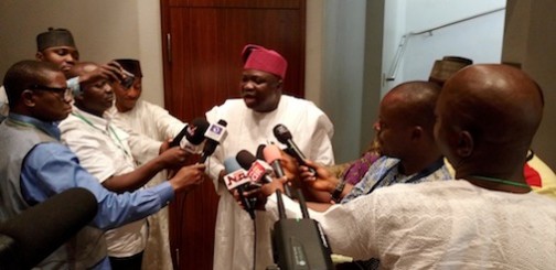 Lagos State Governor, Mr. Akinwunmi Ambode, addressing the State House Correspondents shortly after his meeting with President Muhammadu Buhari, at the State House in Abuja, on Friday, April 29, 2016