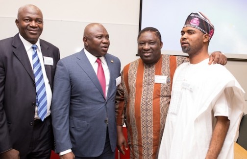 Lagos State Governor, Mr. Akinwunmi Ambode (middle), flanked by Chief Whip, Lagos State House of Assembly, Hon. Rotimi Abiru (left) and member, Lagos State House of Assembly, Hon. Olusegun Olulade (right) during the 3rd Annual London School of Economics (LSE) Africa Summit in the United Kingdom, on Saturday, April 23, 2016