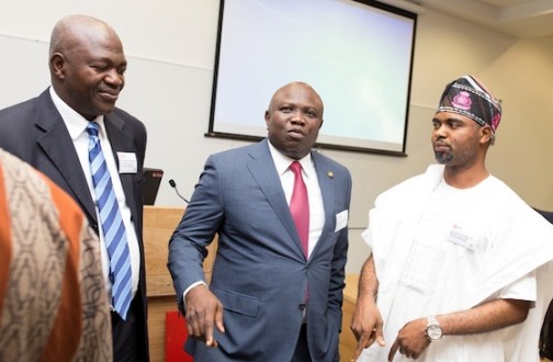 L-R:  Lagos State Governor, Mr. Akinwunmi Ambode (middle), flanked by former Vice President of Nigeria, Alhaji Atiku Abubakar (left) and member, Lagos State House of Assembly, Hon. Olusegun Olulade (right) during the 3rd Annual London School of Economics (LSE) Africa Summit in the United Kingdom, on Saturday, April 23, 2016