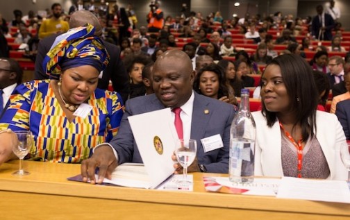 Lagos State Governor, Mr. Akinwunmi Ambode (middle); Fellow, Department of Management, LSE, Dr. Vanessa Iwowo (left) and Co-Director, Business Conference, LSE Africa Summit, Eki Izevbigie(right) during the 3rd Annual London School of Economics (LSE) Africa Summit in the United Kingdom, on Saturday, April 23, 2016