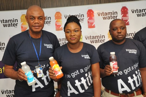  L – R Mr. Eke Leonard, Regional Sales Manager South-South/ East, Mrs. Bose Ogunyemi, Marketing Manager and Mr. Emmanuel Akpah, Regional Sales Manager Lagos/South-West, all of Giant Beverages Limited at the event.