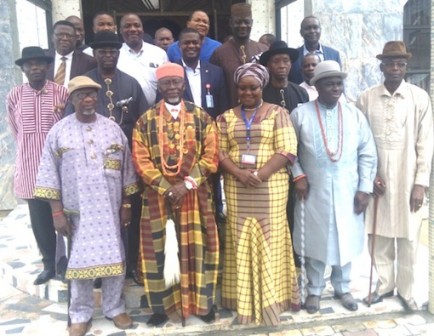 Ag. Managing Director/Chief Executive Officer, Niger Delta Development Commission, NDDC, Mrs. Ibim Semenitari, centre, front row, and HRM, King Edmund Daukoru, MINGI XII, Amayanabo of Nembe, second left, front row, and others, in a group photograph after the MD's visit to the monarch last Monday. Credits: Bekee Anyalewechi