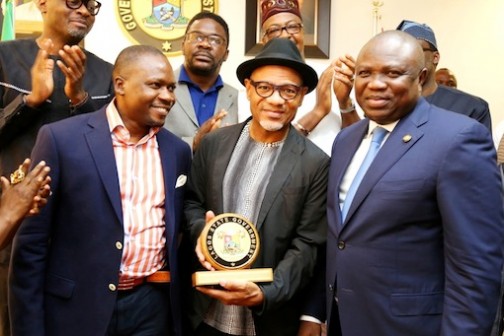 R-L: Lagos State Governor, Mr. Akinwunmi Ambode, Grammy Award Winner, Mr. Kirk Whalum and Brand Strategist, Runway Jazz, Mr. Ajani Sandridge during a courtesy visit to the Governor by Groups collaborating with the Government on the forthcoming Lagos International Jazz Festival to commemorate the International Jazz Day, at the Lagos House, Ikeja, on Wednesday, April 27, 2016
