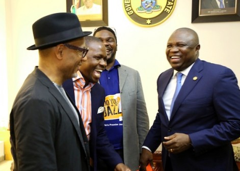 R-L: Lagos State Governor, Mr. Akinwunmi Ambode; Director, Lagos International Jazz Festival 2016, Mr. Ayoola Sadare; Brand Strategist, Runway Jazz, Mr. Ajani Sandridge and Grammy Award Winner, Mr. Kirk Whalum during a courtesy visit to the Governor by Groups collaborating with the Government on the forthcoming Lagos International Jazz Festival to commemorate the International Jazz Day, at the Lagos House, Ikeja, on Wednesday, April 27, 2016