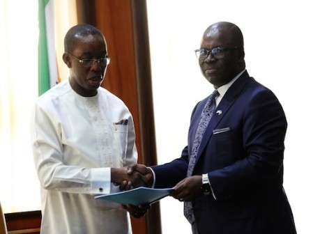 Delta State Governor, Senator Ifeanyi Okowa (left) and the Chairman, Alpha Energy and Electric Company, Ike Nwabuown, during a courtesy call on the Governor, in Asaba