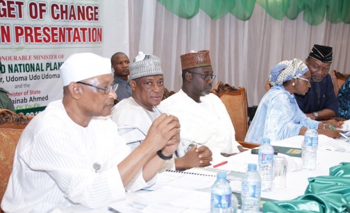 BUDGET BREAKDOWN 2. L-R;  Director General Budget Office, Alhaji Alhaji Tijjani Abdullahi, Minister of Defence, Brig General Mansur Mohammed Dan-Ali, Minister of Water Resources, Alhaji Suleiman Adamu, Minister of State Budget and National Planning, Hajiya Zainab Ahmed and Minister of budget and National Planning, Senator Udoma Udo Udoma during the 2016 budget break down by the Minister of Budget and National Planning at the State House in Abuja. PHOTO; SUNDAY AGHAEZE. MAY 12 2016.