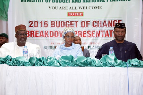 BUDGET BREAKDOWN 4. R-L; Minister of Budget and National Planning, Senator Udoma Udo Udoma, Minister of State Budget and National Planning, Hajiya Zainab Ahmed, Minister of Water Resources, Alhaji Suleiman Adamu at the 2016 budget break down by the Minister of Budet and gNational Planning at the State House in Abuja. PHOTO; SUNDAY AGHAEZE. MAY 12 2016.