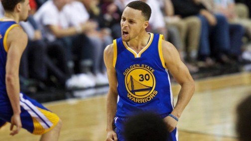 Golden State Warriors guard Stephen Curry reacts after making a basket against the Portland Trail Blazers during the second half of Game 4 of an NBA basketball second-round playoff series. (AP Photo/Craig Mitchelldyer)