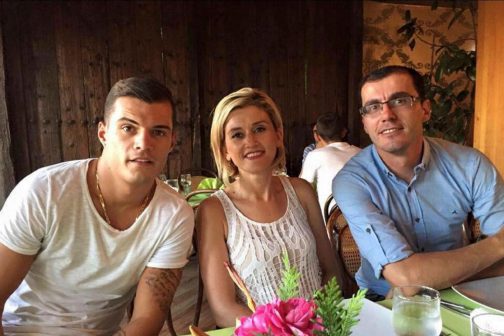 Granit Xhaka's (L) move to Arsenal is set to be finalised, according to close friend and journalist Artan Muhaxhiri (R)