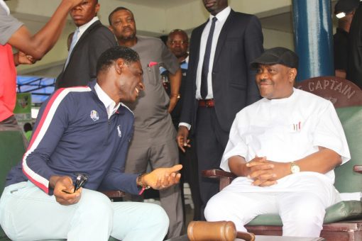From Right: Rivers State Governor, Nyesom Ezenwo Wike and Captain  of the Port Harcourt Club  (Golf Section ), Mr Emmanuel Okene during the West African Golf Tournament in Port Harcourt on Sunday