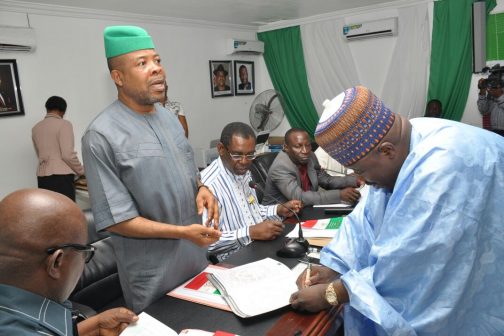 From Right: Acting National Chairman, Senator Ali Modu Sheriff, Chairman of PDP National Convention Screening Committee, Hon Emmanuel Aguma, SAN, (In white) and Former Speaker of the House of Representatives, Hon Emeka Ihedioha during the screening in Port Harcourt on Friday