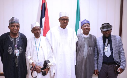 PRESIDENT BUHARI HOSTS STATEHOUSE PRESS CORP 4B. R-L; Chairman State House Press Corps, Mr Kehinde Amodu, Minister of Information, Alhaji Lai Mohammed, President Muhammadu Buhari, Oldest Photojournalist of Triumph Newspapers in the State House, Alhaji  Ladan Abubakar and SSAP Mallam Garba Shehu after President had lunch with State House Correspondents at the Presidential Villa in Abuja. PHOTO; SUNDAY AGHAEZE. MAY 30 2016