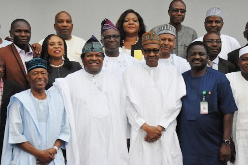 PRESIDENT BUHARI MEET PUBLISHERS 00A&B. R-L; SA on Media to the President Mr. Femi Adesina, President Muhammadu Buhari, and Publisher/Editor-in-Chief Thisday and President NPAN, Mr Nduka Obaigbena, Publisher of Vanguard Ltd, Mr Sam Amuka, other members of the Newspaper Proprietors Association of Nigeria at the State House in Abuja. PHOTO; SUNDAY AGHAEZE/STATE HOUSE. MAY 27 2016.