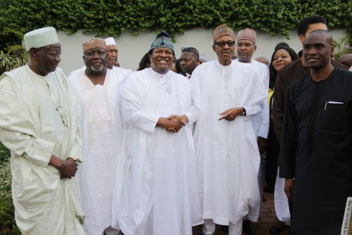 PRESIDENT BUHARI MEET PUBLISHERS 5B.; R-L; Publisher Daily Times, Mr. Fidelis Anosike, President Muhammadu Buhari, Publisher/Editor-in-Chief Thisday and President NPAN, Mr Nduka Obaigbena, Chairman New Telegraph, Alhaji Idi Farouk and Publisher, Peoples Daily, Mallam Wada Maida and other members of the Newspaper Proprietors Association of Nigeria at the State House in Abuja. PHOTO; SUNDAY AGHAEZE/STATE HOUSE. MAY 27 2016..