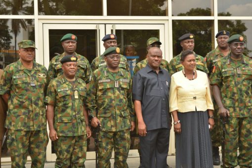 L-,R: Chief of Air Staff, Air Marshal Sadiq Abubakar, Chief of Naval Staff, Vice Admiral Ibok Ibas, Chief of Defence Staff, General Abayomi Gabriel Olonisakin, Rivers State Governor, Nyesom Ezenwo Wike, Deputy Governor Ipalibo Banigo and Chief of Army Staff, Lt General Tukur Buratai  after a meeting  at Government House, Port Harcourt on Monday.
