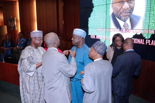  SGF, Engr Babachir David Lawal (M) Confers with Minister of State for Environment, Alhaji Ibrahim Usman Jibril, Minister of Power, Works and Housing, Barrister Babatunda Fashola, Minister of Information, Alhaji Lai Mohammed, Minister of Finance, Mrs Kemi Adeosun