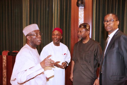 L-R:  Minister of Agriculture, Mr Audu Ogbeh, Minister of Science and Technology, Dr Ogbonnaya Onu, Minister of Budget and Planning, Senator Udoma Udo Udoma and Minister of Trade and investment, Mr Geoffrey Onyeama