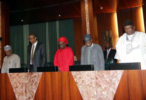 L-R; Minister of State Health, Dr Osagie Ehanire, Minister of Trade and Investment, Mr Geoffrey Oyeama, Minister of State Trade and Invesment, Hajiya Aisa Abubakar, Minister of Information, Alhaji Lai Mohammed and Minister of Interior, Lt General Abdulrahman Dambazau