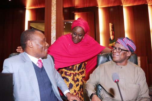 L-R: Minister of Niger Delta, Pastor Usani Uguru, Minister of State: Trade and Investment, Hajiya Aisha Abubakar and Minister of State Health, Dr Osagie Ehanire 