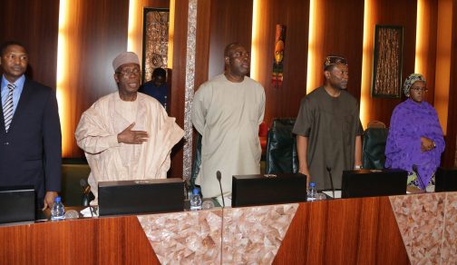 L-R;  Minister of Justice and Attorney General of the Federation, Mr Abubakar Malami, Minister of Agriculture Mr Audu Ogbeh, Minister of State Agriculture, Hon  Heineken Lokpobiri,  Minister of Budget and Planning Senator Udoma Udo Udoma and Minister of State Budget and National Planning, Hajiya  Zainab Ahmed