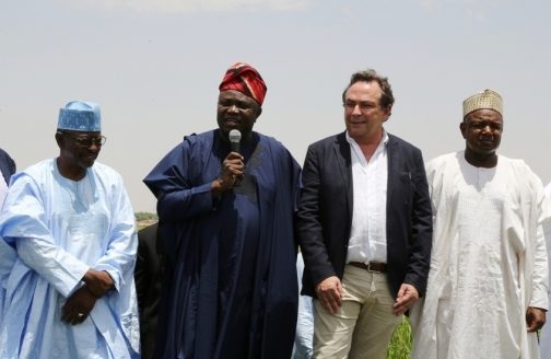 L-R: Lagos State Governor, Mr. Akinwunmi Ambode (2nd left), Deputy Governor of Kebbi State, Col. Samaila Yombe Dabai (rtd.); Chairman, San Carlos Group, Mr. Carlos Cabal and Kebbi State Governor, Alhaji Atiku Bagudu during an inspection visit to the FADAMA project in Kebbi State, on Saturday, June 4, 2016.