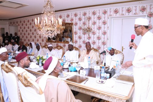 President Muhammadu Buhari addressing a cross section of Abuja Imams and selected individuals during breaking of Ramadan fast at his residence in Abuja.