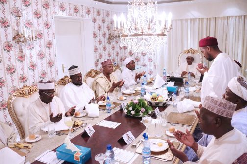 Prayers as President Muhammadu Buhari hosts cross section of Abuja Imams and selected individuals to breaking of Ramadan fast at his residence in Abuja. 