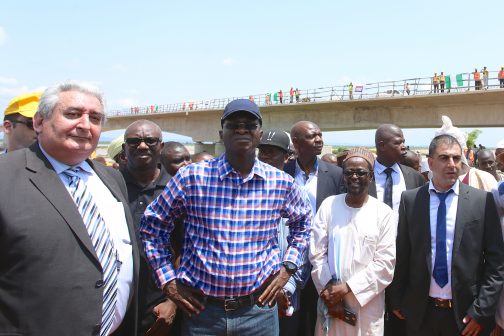 Minister of Power, Works and Housing, Mr Babatunde Fashola , SAN (2nd right), Coordinating Director of  Highways in the Ministry, Engr. Bala Dan Shehu (2nd left), Chief Engineers of Reynolds  Construction Company Limited (RCC), Mr. Igor Zavodtchik (left) and Mr Nabeel Esawi (right) during the inspection of the  construction work on Loko–Oweto Bridge over River Benue in Nasarawa/Benue States