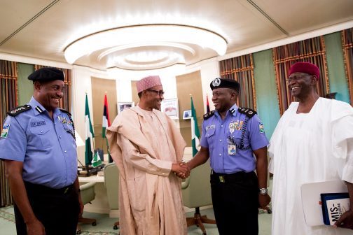 L-R: Outgoing Inspector General of Police, Solomon Arase, President Muhammadu Buhari, New Acting Inspector General of Police Mr Ibrahim Kpotun Idris and Chief of Staff to the President, Abba Kyari 