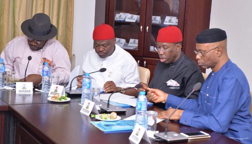 From Left: Governors  Seriake Dickson Of Bayelsa; Nyesom Wike Of Rivers; Ifeanyi Okowa of Delta and  Olusegun Mimiko of Ondo during a meeting of the Vice-President with Niger Delta governors at the Presidential Villa Abuja on Tuesday (7/6/16)  